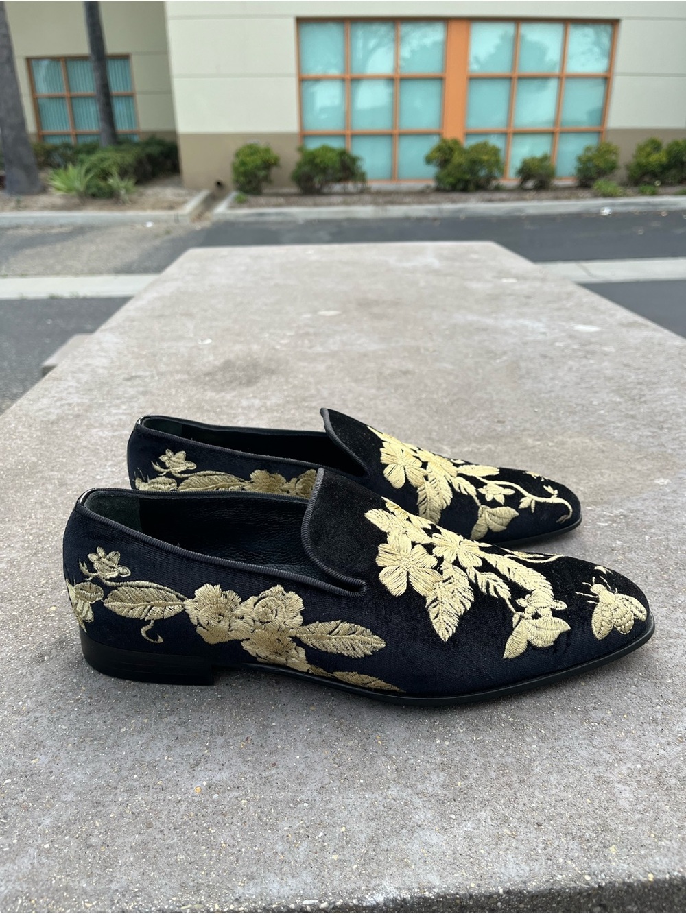 Lólú London Handmade Black Velvet Gold Floral Embroidered Loafers Shoes Men 41EU